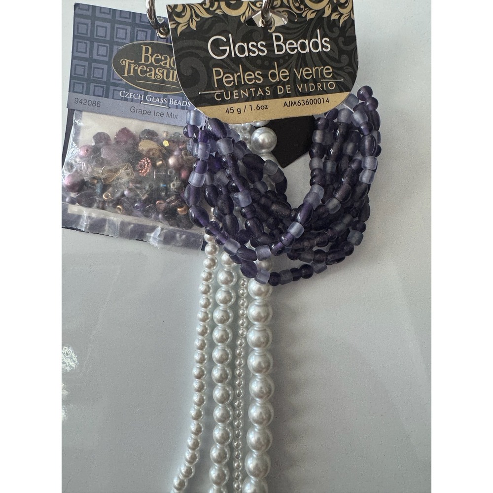 Bead Treasures Czech‎ Glass Beads Grape Ice Mix & White Faux Pearl Bundle